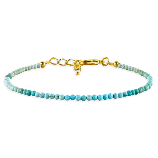 Natural Blue Turquoise Gemstone Micro Beads Dainty Bracelet Jewelry for Women, December Birthstone, Chakra Energy Crystals, 14k Gold Plated Chain 8 inch Adjustable