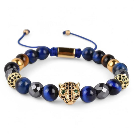 Blue Tiger Eye, Hematite CZ Leopard Charm Bracelet for Men and Women 8mm Natural Stone Beads Healing Crystals for Confidence Protection Focus Grounding Adjustable Braided Cord Spiritual Meditation Jewelry Yoga Gift Anxiety Relief Mindfulness Accessory Uni