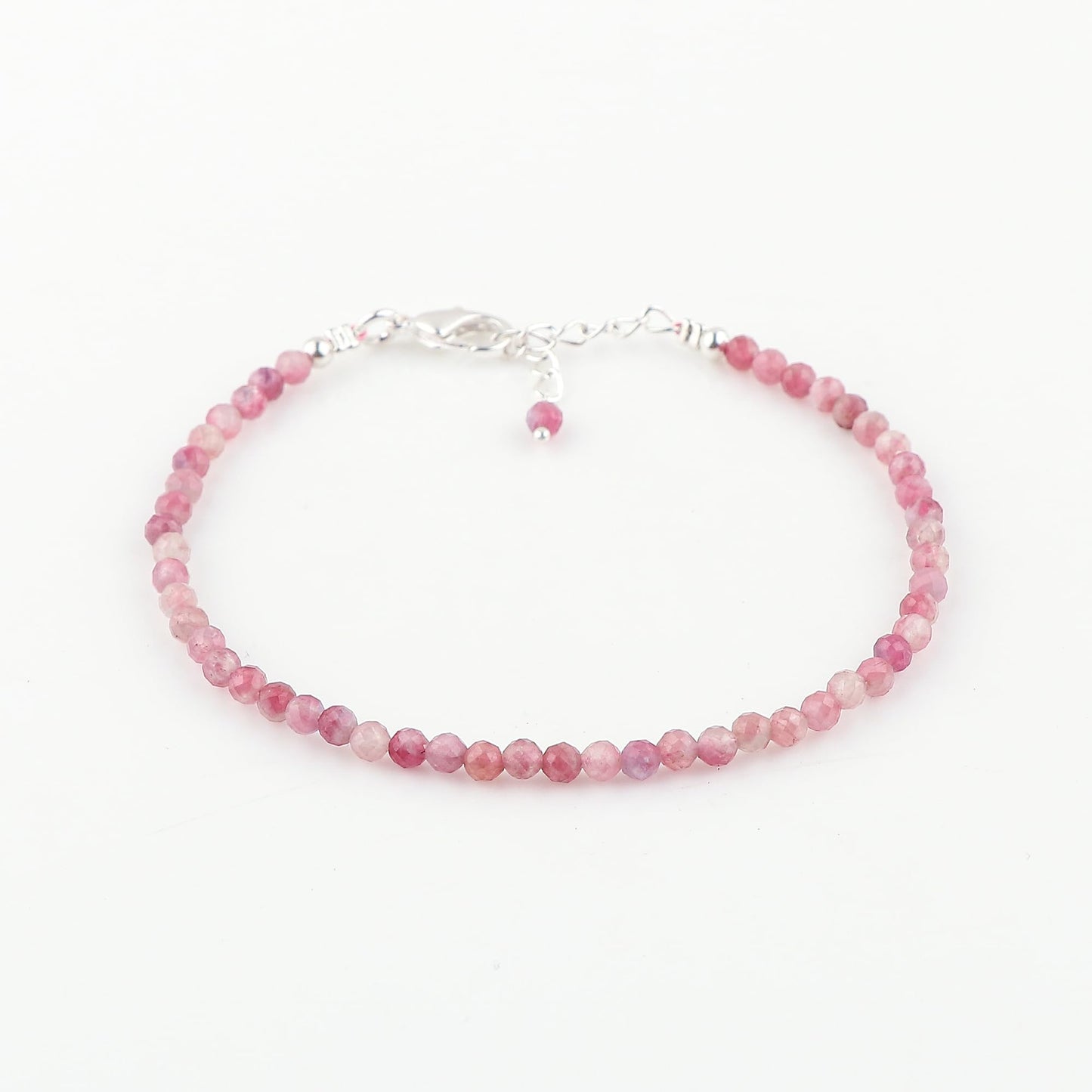 CRYSTALINES Natural Pink Tourmaline Gemstone Bracelet, Faceted Beads Stones, Handmade Hypoallergenic Boho Jewelry for Women, Healing Crystals, Adjustable Silver Plated 7+1inch, October Birthday Gift