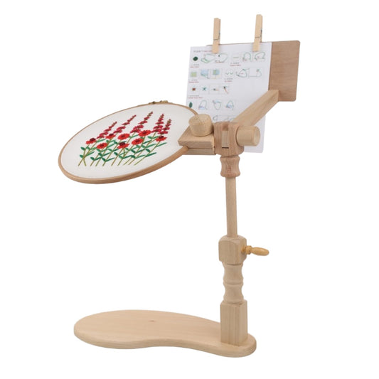Beech Wood Embroidery Hoop Stand, Adjustable 360° Rotate Cross Stitch Needlepoint Stand Wooden Sitting Embroidery Hoop Frame