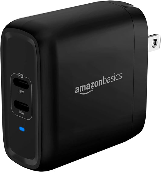 Amazon Basics 36W 15/14/13/12/11/X, 2.34 2.21 1.09 inches, Dual Port USB-C Wall Charger with Power Delivery, Foldable