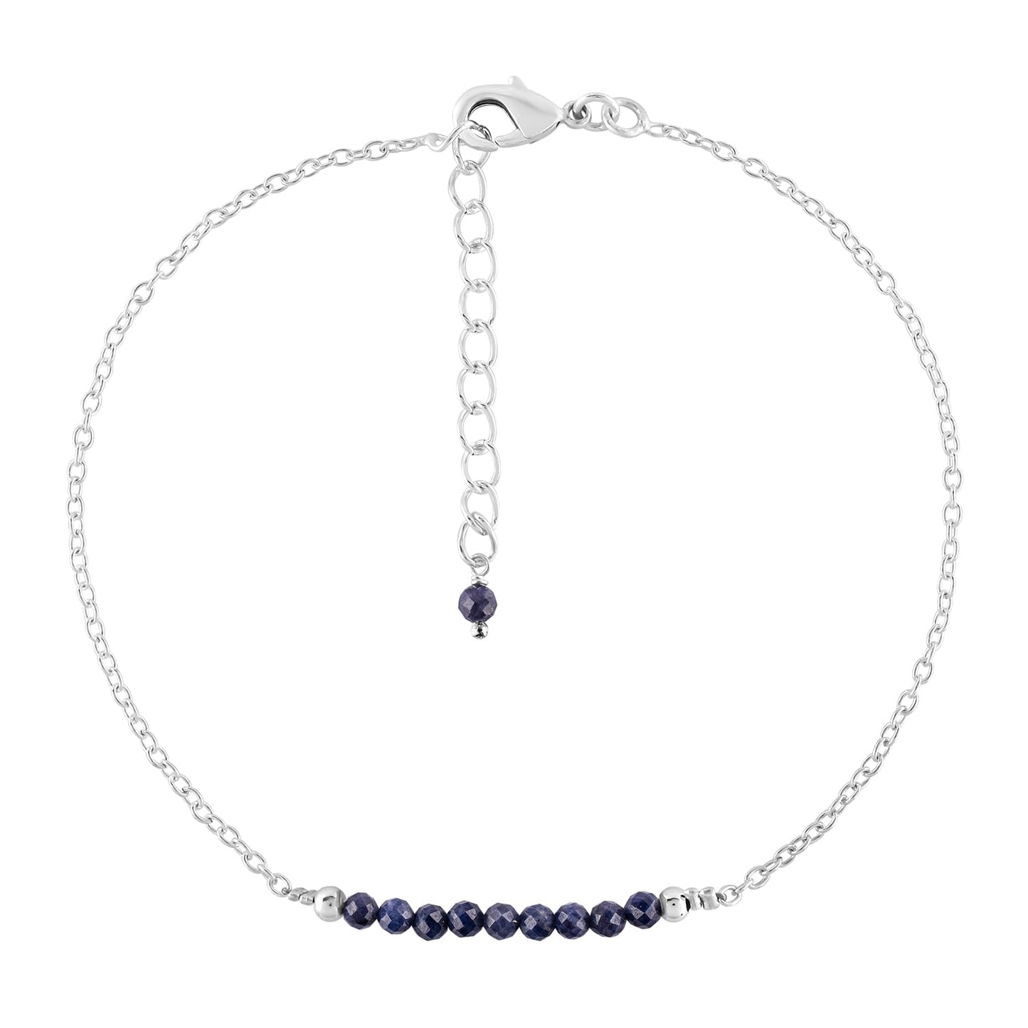 YANARA Sapphire Ankle Bracelets for Women, Natural September Birthstone, Blue Stone Beads, Handmade Dainty Anklets For Women 9"+1.25" inch Silver Plated Chain, Chakra Healing Crystals, Minimalist Gift Jewelry For Her