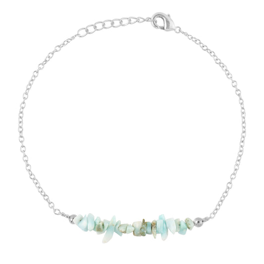 Gemimpression Handmade Larimar Chips Bar Bracelet – Natural Energy Healing Crystals – Silver Plated Adjustable 8 Inch Chain – Christmas Gift