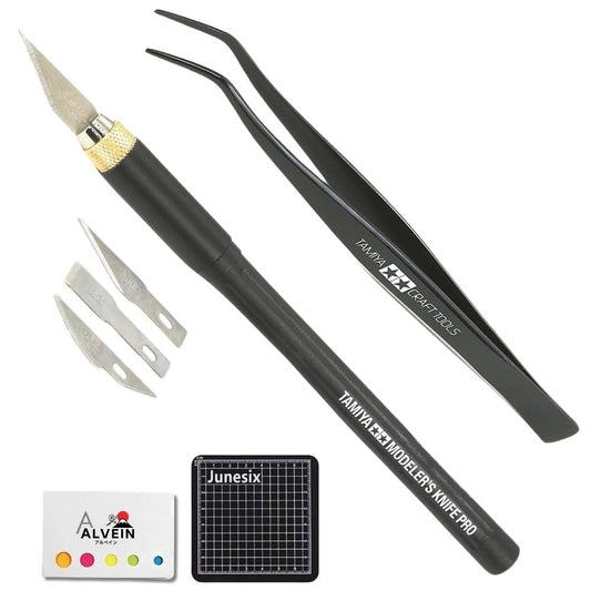 3-Piece Model Tool Set – Tamiya Modeler’s Knife PRO, Tamiya Curved Tweezers & Cutting Mat