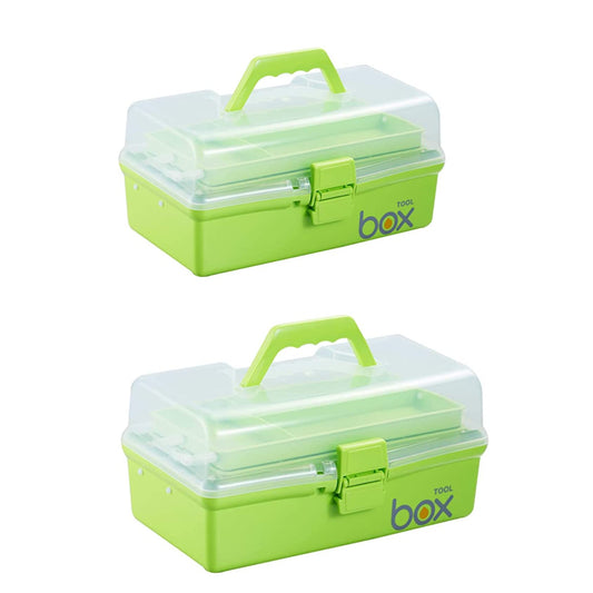 Kinsorcai 2PCS 12'' Three-Layer Clear Plastic Storage Box/Tool Box, Multipurpose Organizer and Portable Handled Storage Case for Art Craft and Cosmetic (Green)