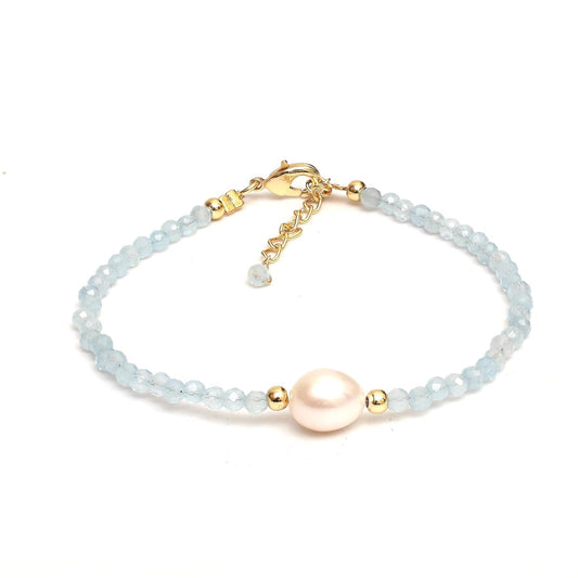 Gempires Aquamarine Gemstone Beaded Bracelet with Pearl Choker Crystal Jewelry March Birthstone Gifts Hypoallergenic Gold Plated Dainty Gifts for Women