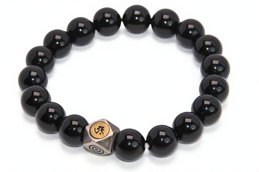 FAIRY CONCEPT Natural Black Obsidian Beaded Bracelet with Metal Charm, Polished Stone Beads, Elastic Stretch Design, Unisex Protection Jewelry