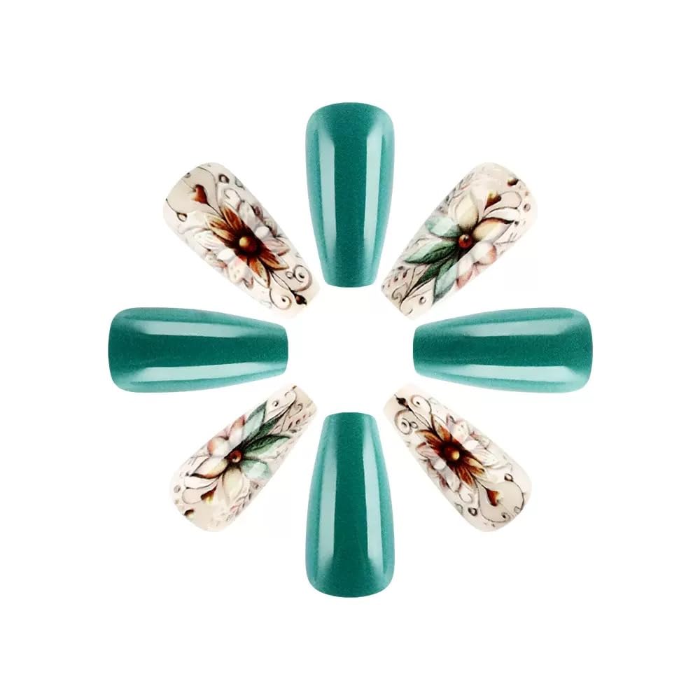 Medium Press on Nails Coffin Fake Nails with Flower Butterfly Design Glue on Nails Green False Nails Full Cover Stick on Nails Spring Acrylic Nails Elegant Artificial Nails for Women 24Pcs