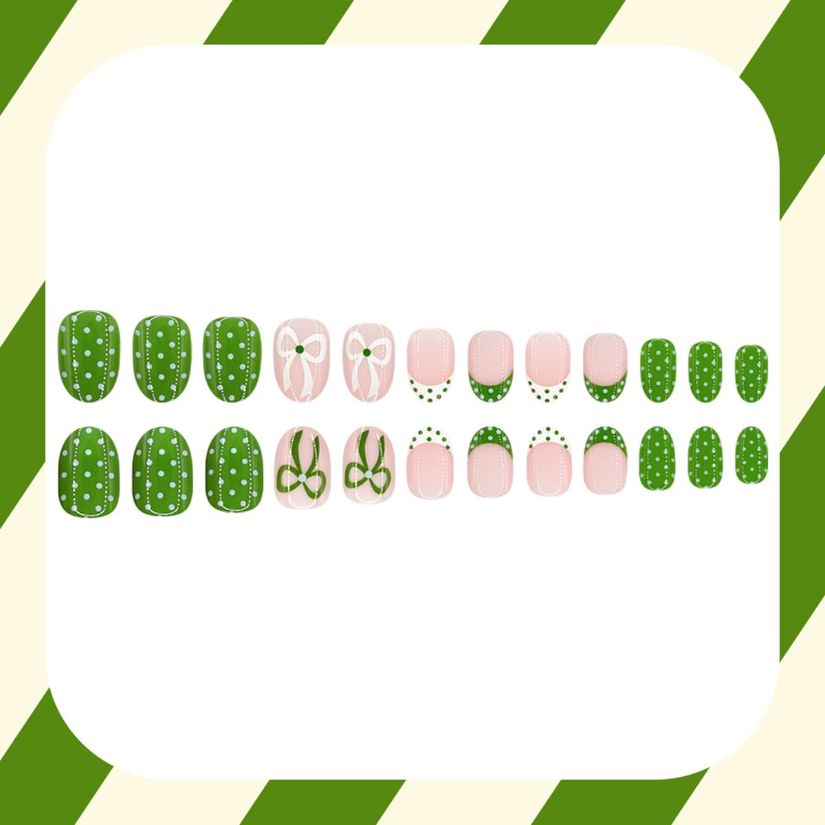 Green Press on Nails Short Oval Fake Nails Cute Spring French Tip Nails Press ons with Polka Dots,Bow Design,Reusable Artificial Nail Full Cover Stick on Nails for Women Manicure 24Pcs