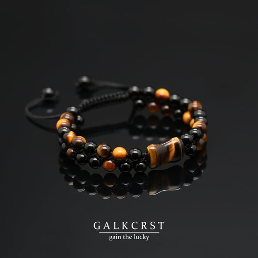 GALKCRST Tiger Eye Black Obsidian Bracelet for Men, Double Layer Natural Stone Beads Bracelet with Bone-Shaped Tiger Eye Focal Bead, Adjustable Braided Cord Triple Healing Crystal Bracelet, Men's Jewelry Gift