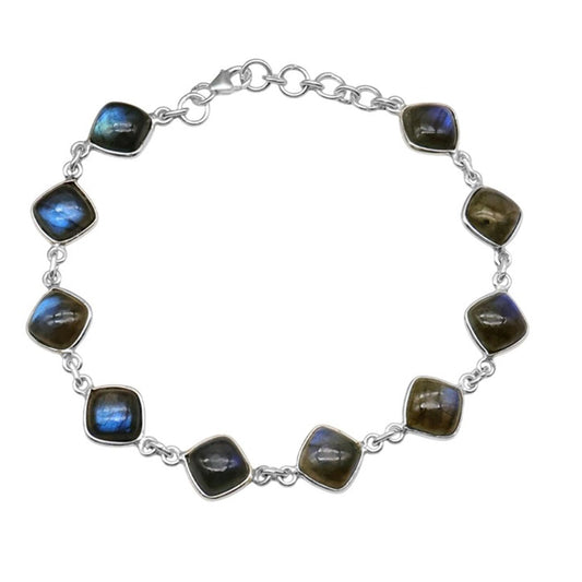 DESIGN HUB Bracelet for Women Sterling Silver Labradorite, Cushion Cabochon Multi-Stone Chain, 7-8 Inch Adjustable Length, 25.85 Carat Blue Gemstones