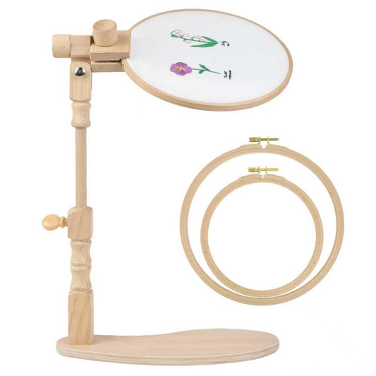 Airo Beech Wood Embroidery Hoop Stand, with 2 Pcs 6'' 8'' Embroidery Hoops, Rotatable, Tool-Free Installation, for Cross Stitch , Embroidery, Sewing Needlework