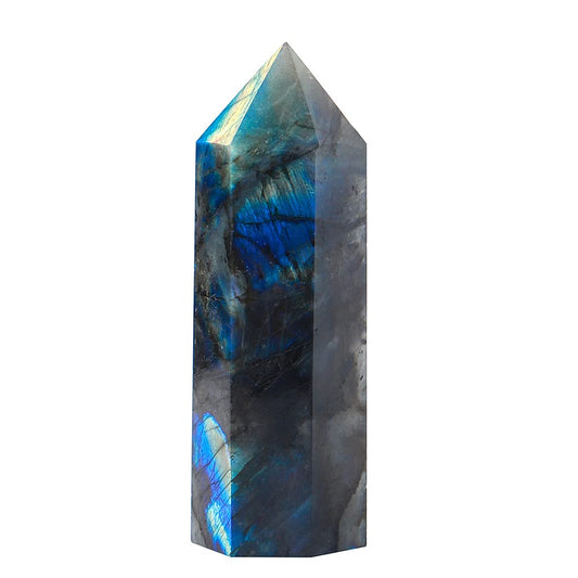 Runyangshi Large Labradorite Healing Crystal Wand 4.72"-5.12" Crystal Tower 6 Faceted Single Point Crystal Prism Wand Natural Quartz Stones for Meditation Reiki Chakra Therapy Home Decor Gift
