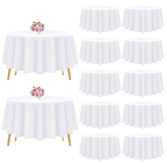 Pesonlook 12 Pack Round Tablecloth White Polyester Table Cloths 90 Inch Washable Fabric Round Table Cover White Tablecloth for Wedding/Party/Banquet