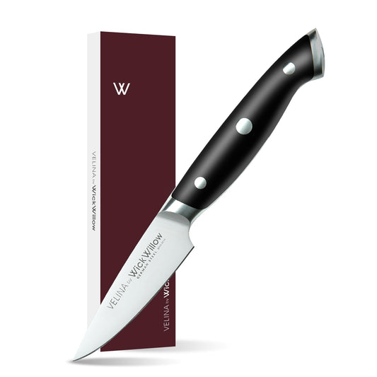 WICKWILLOW 3.5 Inch Paring Knife – Razor Sharp German Steel – Small Kitchen Knife for Home Cooks – Peeling, Trimming & Precision Work – Full Tang & Ergonomic Handle – Gift Box – Velina Series