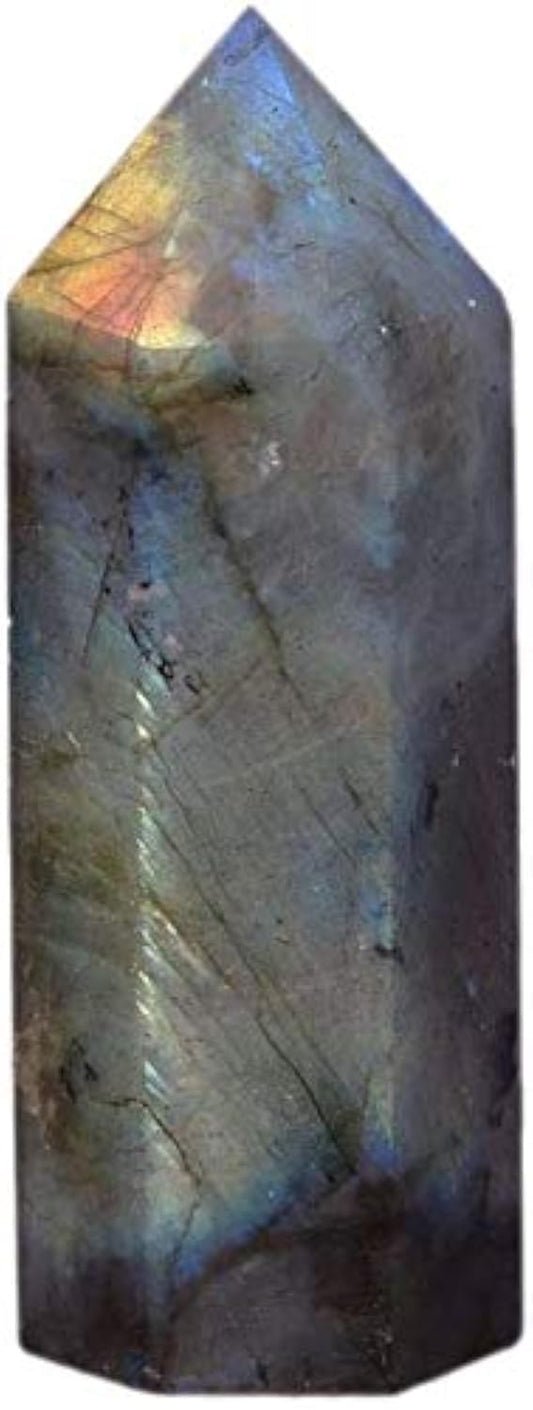 Angelstones Natural Labradorite Gemstone Healing Crystal Hexagonal Pointed Reiki Chakra Faceted Prism Wand Carved Stone Figurine Home Decor