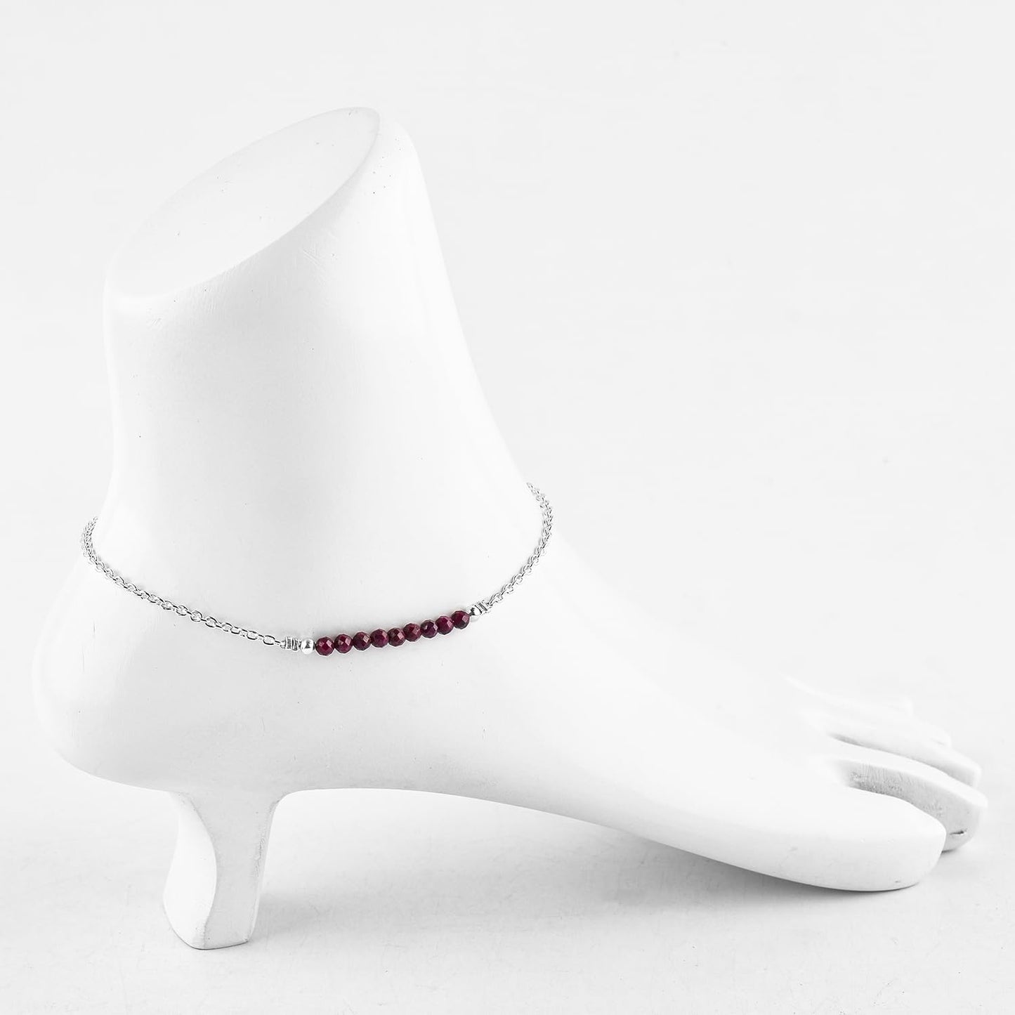 YANARA Ruby Ankle Bracelet for Women, Natural July Birthstone, Pink Gemstone Beaded, Handmade Dainty Anklets - Large Ankle Silver Plated Waterproof Anklets 9"+1.25" inch Chain, Chakra Energy Crystals