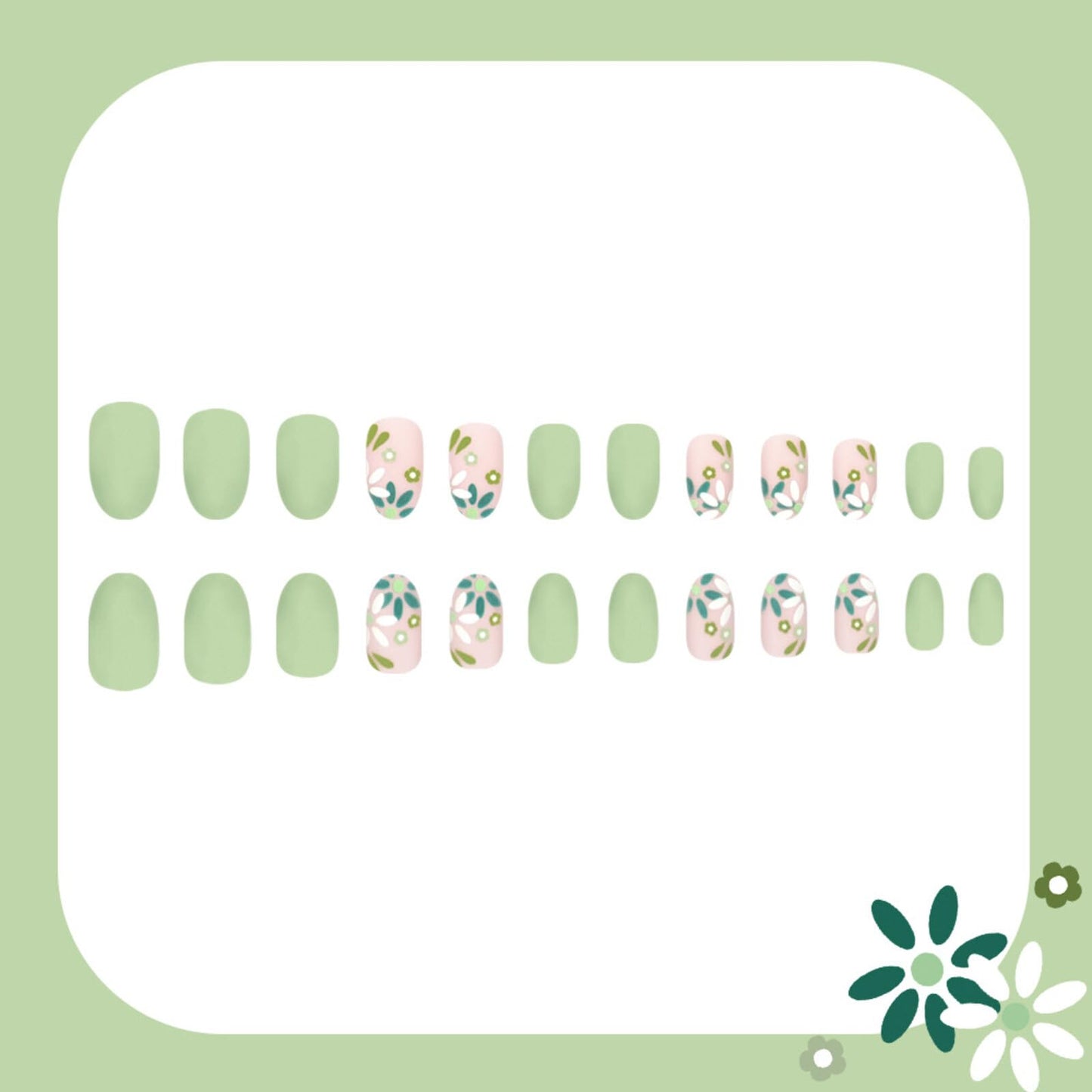 Pastel Floral Press on Nails Moderate Square Design Soft Nude & Mint Green Base with Dainty Floral Leaf Patterns Matte Finish Reusable Stick on Nails Suitable for Casual Looks Artificial Nails 24 Pcs