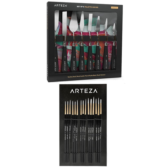 Arteza Palette Knives 8-Pack, Sizes No. 1 and Detail Paint Brushes Set of 15