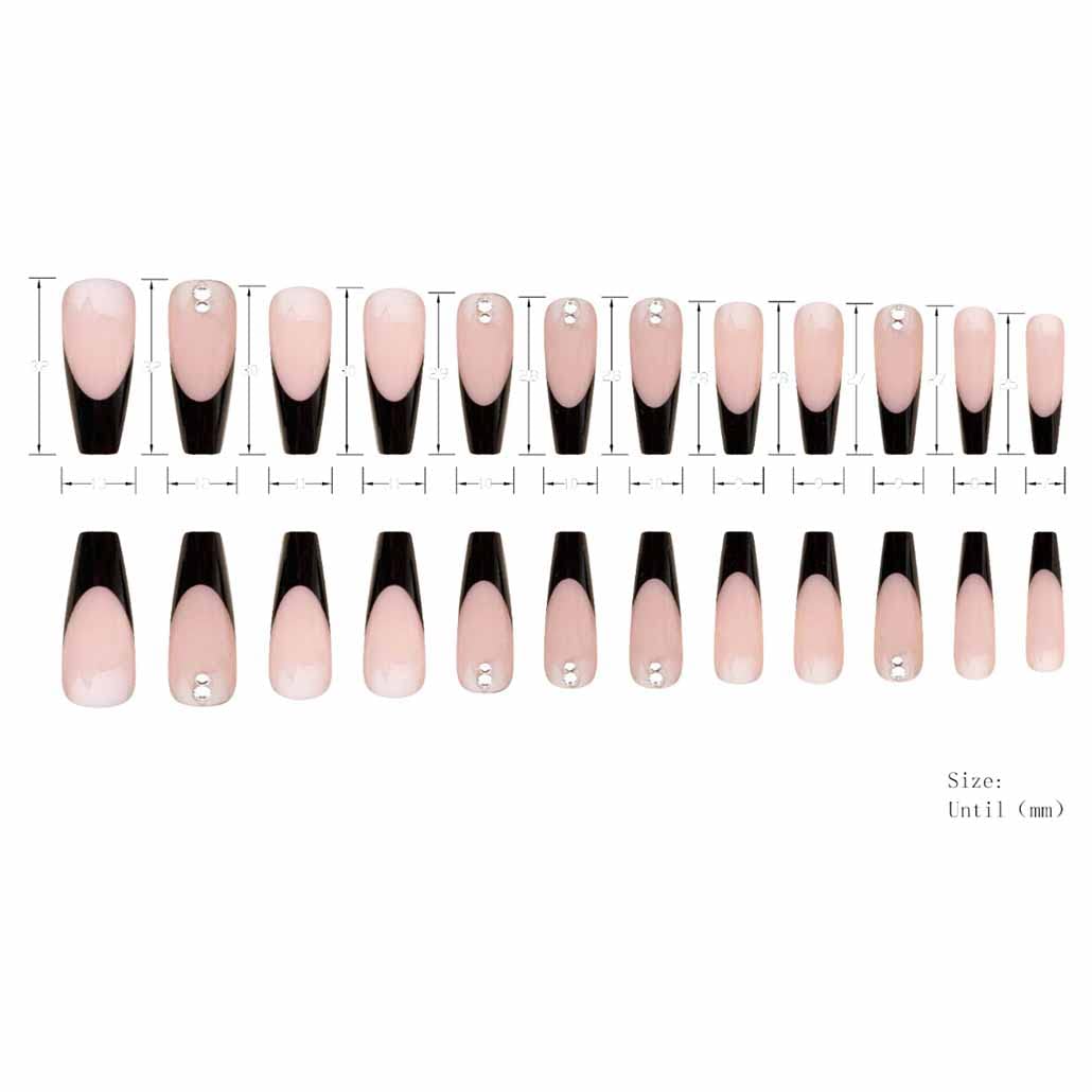 Foccna Long Press on Nails Black Coffin French Fake Nails Full Cover Nude Acrylic False Rhinestone Nails for Women and Girls 24PCS