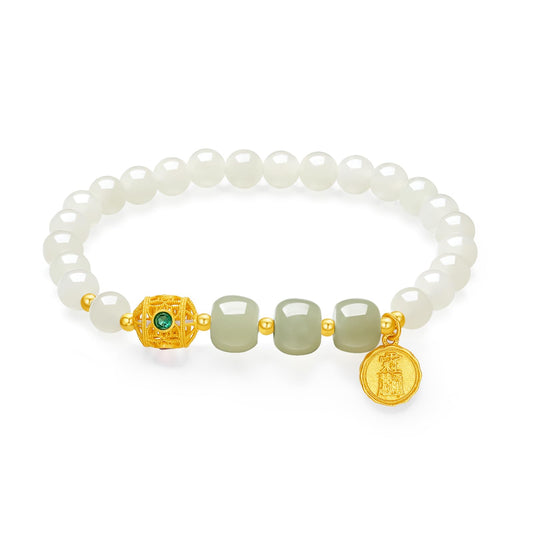 ZHOU LIU FU Sterling Silver Bracelets White Jasper Bracelet Bead Bracelet Green Jasper Round Fortune Charm Bracelet Stretch Bracelet for Women Mom Lover Birthday Aniversary 6.7inch/17cm