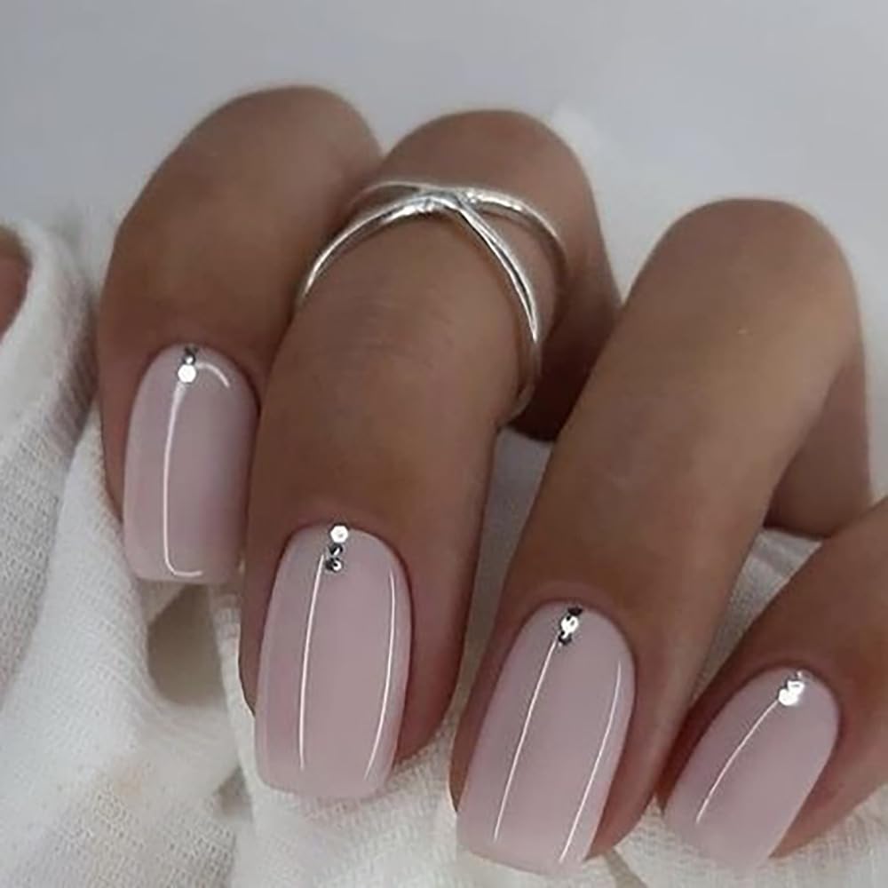 TOGZOM White Press on Nails Short Square With Designs - Glossy False Acrylic Nails, Solid Color Rhinestones, Glue on Full Set - Pink Stick on for Women Girls 24 Pcs