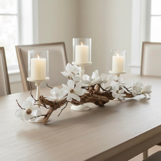 Magnolia Vine Driftwood FarmhouseTable Centerpiece - 3pc Candle Holder Set - Floral Table Decor for Dining Room, Living Room, Mantle & Weddings (Ivory)