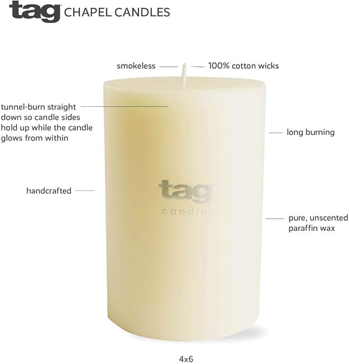 TAG Chapel 4X6 White Pillar Paraffin Wax Candle Unscented Drip-Free Long Burning 130 Hours for Home Decor Wedding Parties 4x6 White