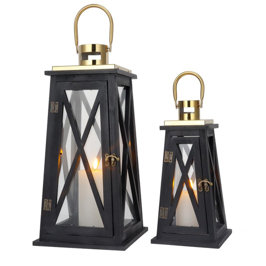 TRIROCKS Set of 2 Farmhouse Wood Candle Lantern 22'' &15.5'' H Decorative Candle Holders with Tempered Glass Rustic Hanging Lantern for Garden Patio Wedding Parties Indoor Outdoor(Black Trapezoid)