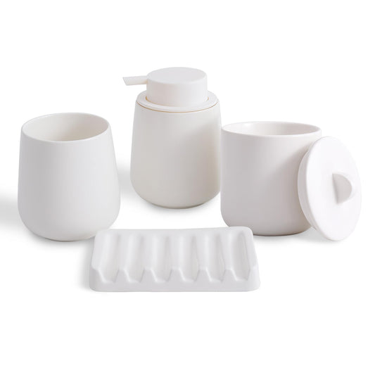 Agyiuns Ceramic Bathroom Accessories Set, Lotion Soap Dispenser and Toothbrush Holder Set, Soap Dish, Apothecary Jars,4 Pieces for Home Modern Bathroom Decor Vanity Countertop(White Set - Liquid)