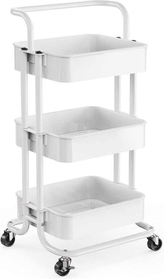Pipishell 3 Tier Rolling Cart, Metal Utility Cart with Wheels and Handle, Rolling Storage Cart for Nursery Room, Living Room, Painting Room, Office and Kitchen, White