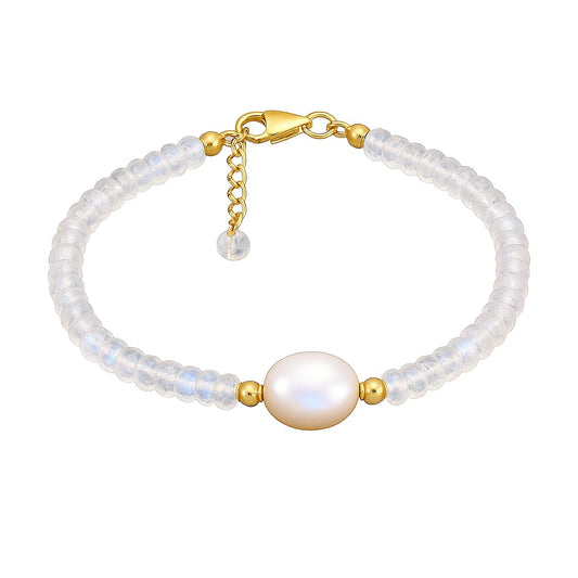 Gempires Moonstone Beaded Bracelets with Freshwater Pearls Crystal Jewelry June Birthstone Handmade Bracelets Hypoallergenic 7.5 Inch Gold Plated New Beginning Gemstone Jewelry