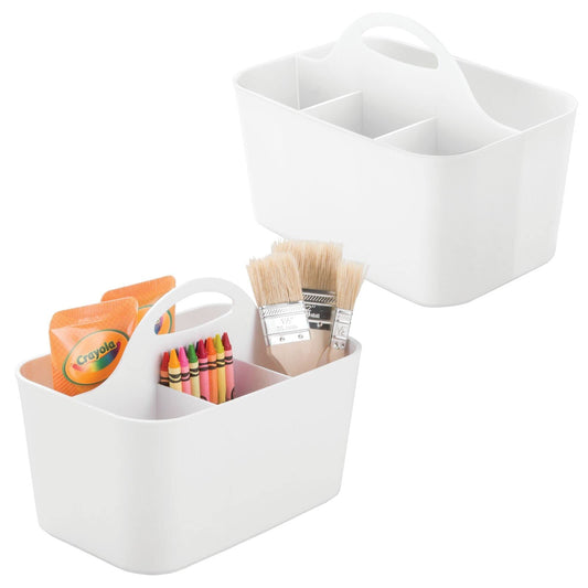 mDesign Plastic Portable Craft Storage Organizer Caddy Tote, Divided Basket Bin w/Handle - Craft, Sewing, Art Supplies - Holds Brushes, Colored Pencils - Lumiere Collection - White, 2 Pack