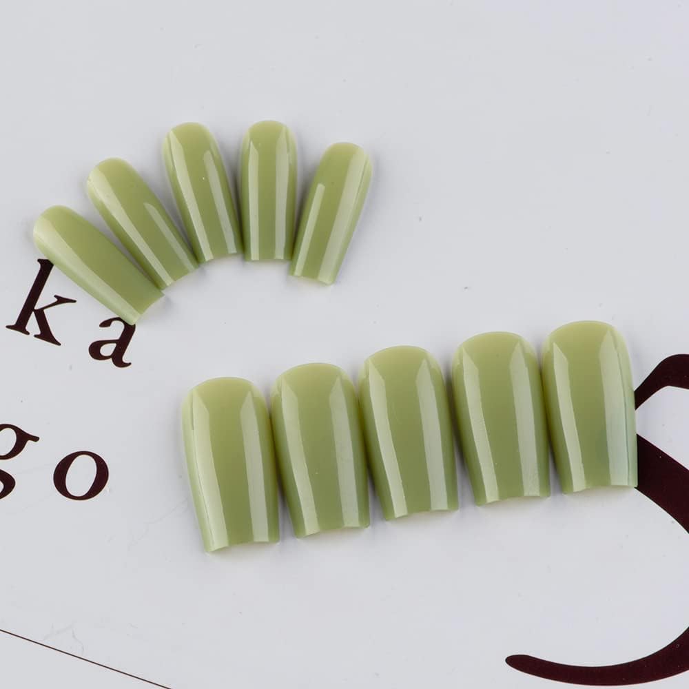 Olive Green Press On Nails Medium Long Square, Xcreando Medium Coffin Nails Acrylic Nails Press ons Glue on Nails Medium Length, Solid Color Fake Nails for Women, Natural Artificial Nails Stick on
