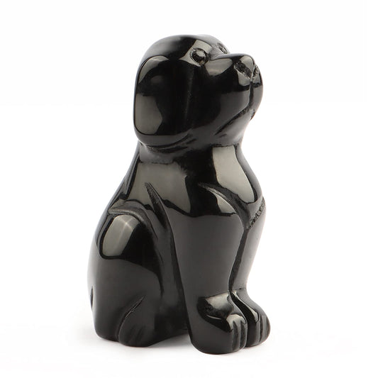 Artistone 2" Black Obsidian Dog Crystal Animals Figurine Carved Gemstone Puppy Dog Statue Sculpture Craft Home Decorations