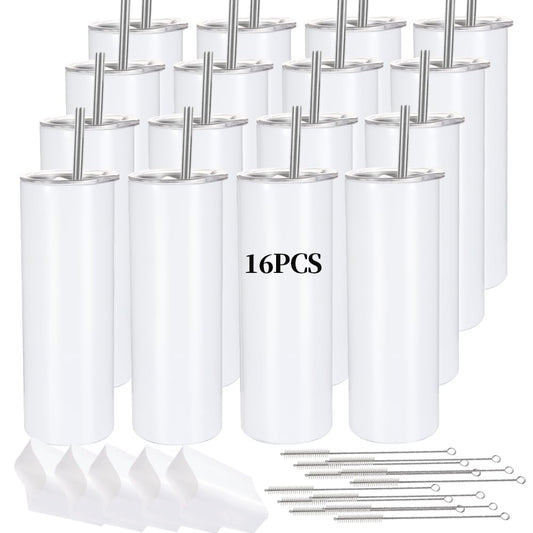 16 Pack Sublimation Tumblers Straight Skinny Tumbler Blanks Bulk 20oz for Heat Transfer, Individual Gift Boxed, Double Wall Insulated Tumbler with Shrink Wrap & Straws