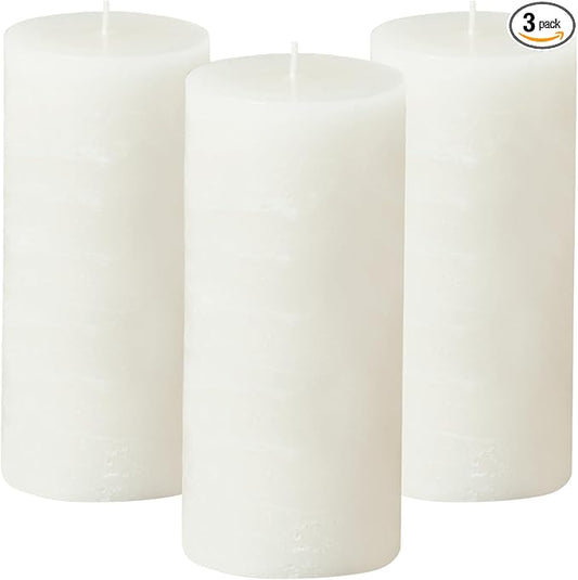 Simply Soson 3x6 inch White Pillar Candles Set of 3, Rustic Texture, Unscented White Candles, Dripless Candles, 3 inch Pillar Candles Ideal as Wedding, Parties, Spas, Dinner, Home Decoration, Church