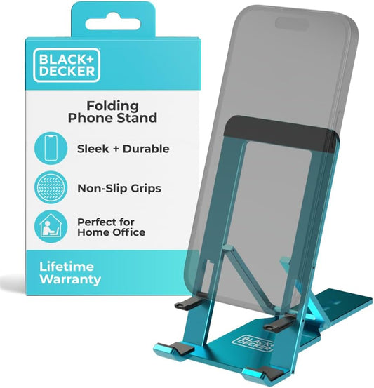 BLACK+DECKER Phone Stand for Desk - Folding Cell Phone Stand Holder - Adjustable and Portable, Folds Down Flat