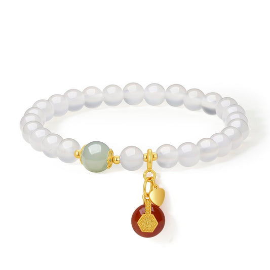 ZHOU LIU FU Bracelet for Women Green White Gemstone Red Chalcedony Stone Beaded Stretch Bracelets Lucky Accessory