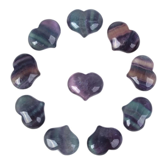 Natural Rainbow Fluorite Gemstone Healing Crystal 1 inch Mini Puffy Heart Pocket Stone Iron Gift Box (Pack of 10)