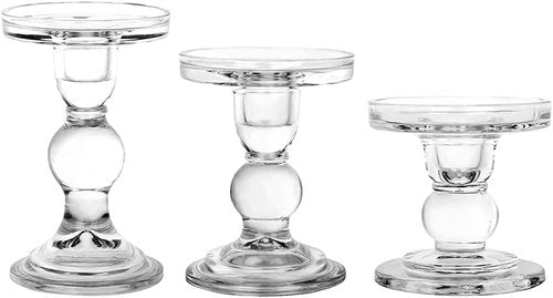 Crystal Candlestick Holders Set by [Brand Name] - Elegant 3-Piece Glass Candle Holders for Weddings & Home Decor | Clear