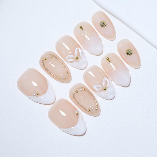 10 Pcs Short Almond Handmade Press On Nails | Nude French Tip with 3D Butterfly Floral Wave & Gold Pearl Shell Accents | Reusable, Easy to Apply & Remove, Salon-Quality Manicure (RR12, S)