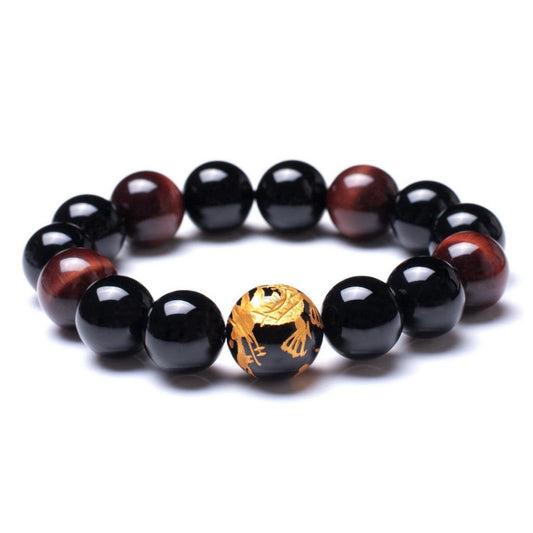 16mm Yellow Tiger Eye Stone Dragon Pattern Bold Wrist Bracelets, Natural Lava Rock Black Beads Elegant Design Bracelets for Men, Charming Crystal Black Men's Bracelet Beads Set for Layered Looks