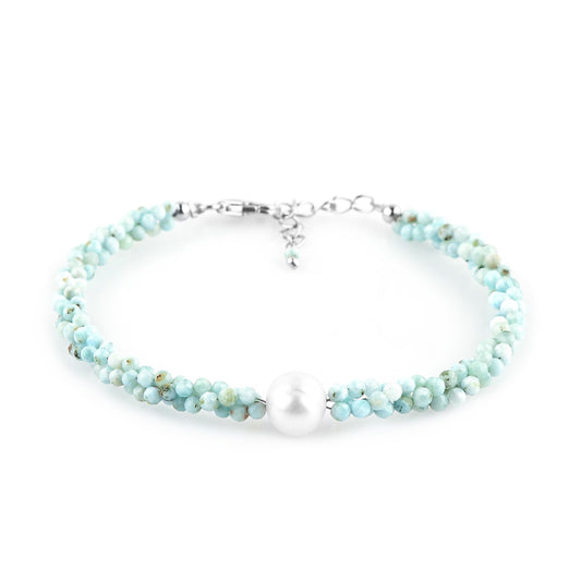 CRYSTALIS Natural Caribbean Larimar Beads Twisted Rope Bracelet with Elegant Pearl, High Grade Gemstones, Chakra Healing Stones, Womens Gift Jewelry, Silver Plated Brass Bracelet 8 inch