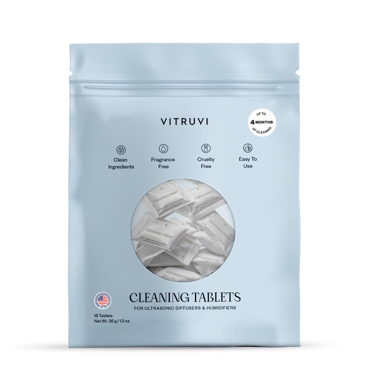 VITRUVI Cleaning Tablets for Diffusers & Humidifiers | Removes Stains & Residue, Prevents Buildup, Enhances Performance | Easy to Use | Made in USA - Pack of 18