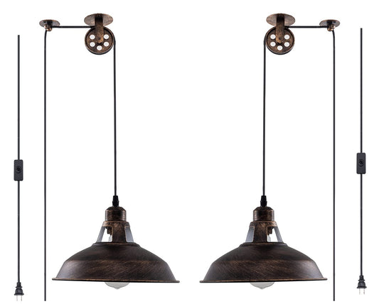 Plug in Pendant Light Industrial Pulley Pendant Lamp E26 Vintage Hanging Light Fixture With 16.4ft Cord On/Off Switch For Pool Table,Houseplant Grow lights,Kitchen Island,Sink 2 Pack Aged Bronze