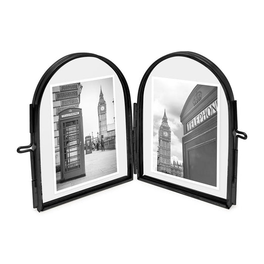 Isaac Jacobs 2x3 Vintage Style, Double-Sided Arched Brass & Glass Metal Floating Picture Frame with Locket Closure (Vertical), Made for Tabletop Display (2x3 Vertical, Black)