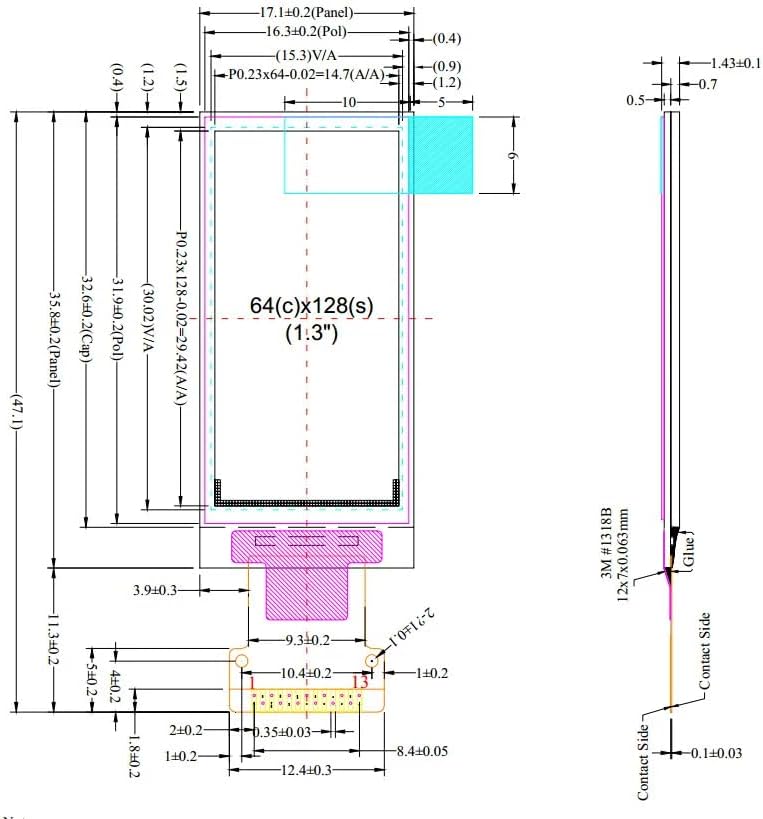 JESSINIE 1.3" 128x64 SH1107 OLED Display Screen, Vertical LCD, Driver, SPI/IIC Interface White