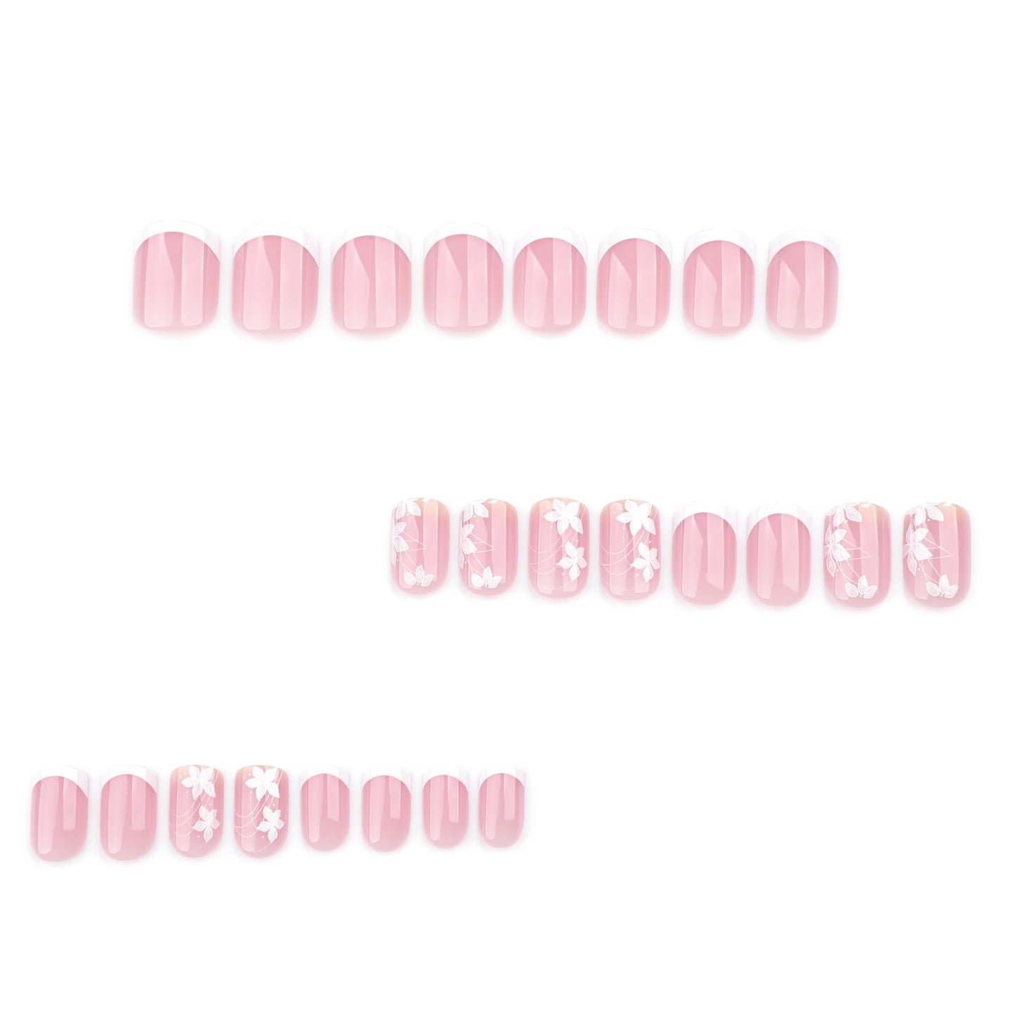 Spring Press On Nails Short Square, Nude Fake Nails with White French Tips Delicately Adorned with White Floral Accents, Glossy Gel Finish Acrylic Nails Press Ons Short Thick Natural Glue On Nails Kit
