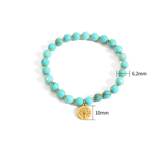 TaYolnFaSo Natural Turquoise Stretch Bracelet Stainless Steel Handmade Tree of Life Charm Turquoise Beaded Jewelry Gift for Women Men